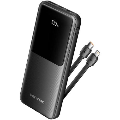 Power Bank Vention FHOB0 10000mAh (Micro-USB/C/A/A) со встроенными кабелями 22.5W Чёрный с LED Дисплеем