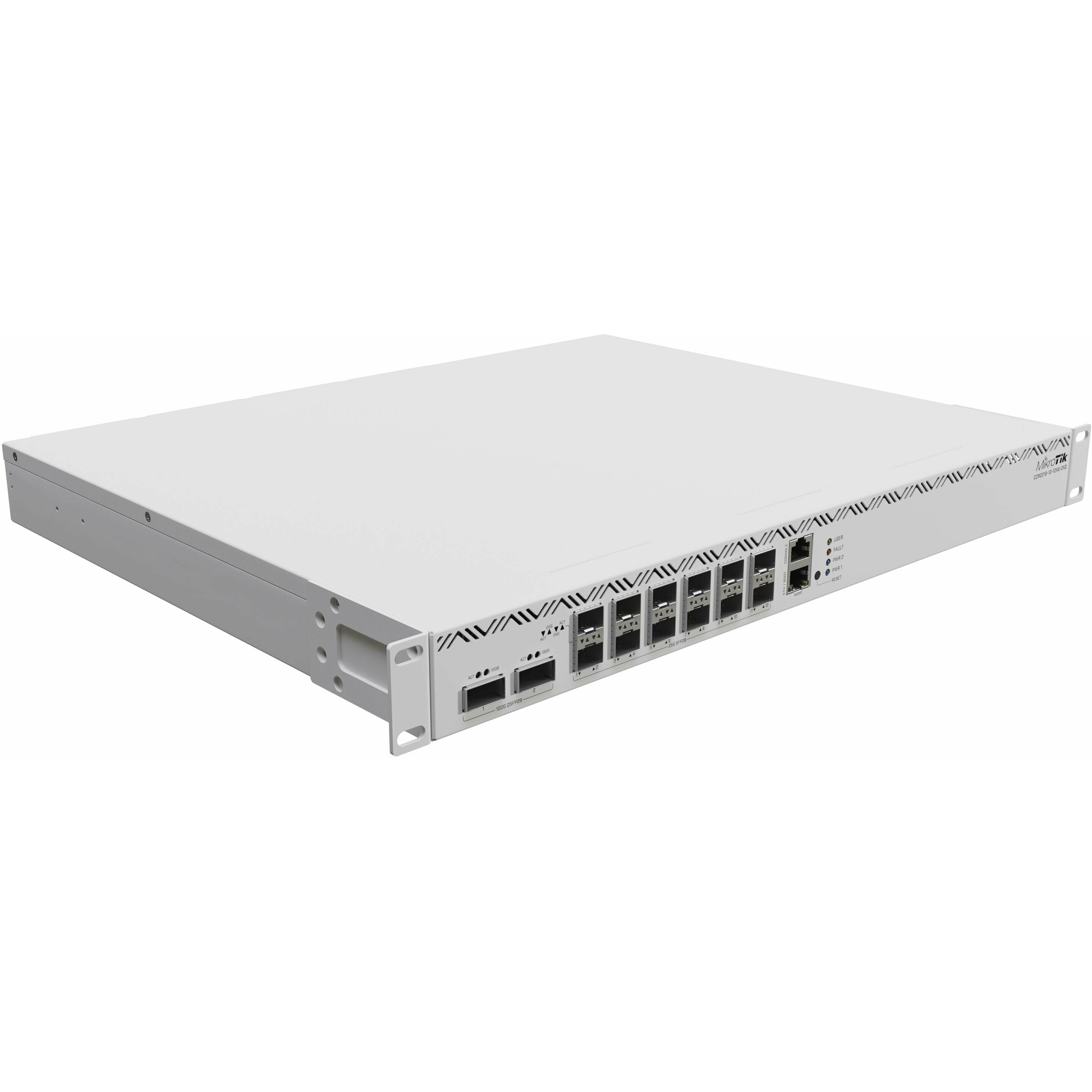 Роутер MikroTik CCR2216-1G-12XS-2XQ Роутер MikroTik CCR2216-1G-12XS-2XQ — WAN/LAN‑порты и органы управления