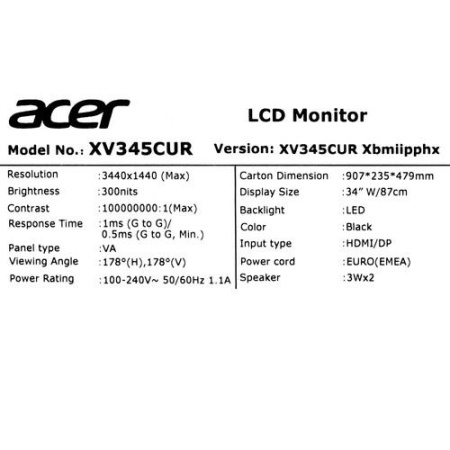 34" Монитор Acer Nitro XV345CURXbmiipphx черный