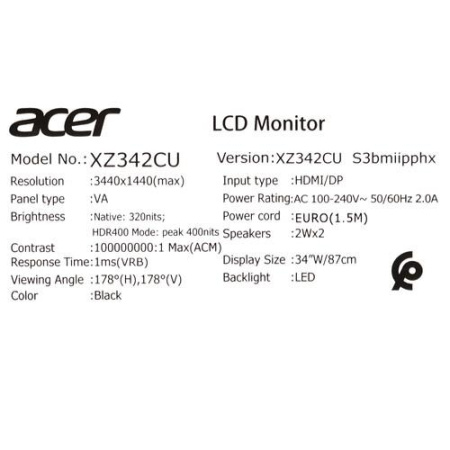 34" Монитор Acer Nitro XZ342CUS3bmiipphx черный