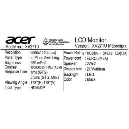 27" Монитор Acer Nitro XV271UM3BMIIPRX черный