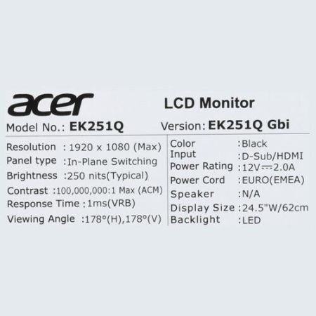 24.5" Монитор Acer EK251QGbi черный