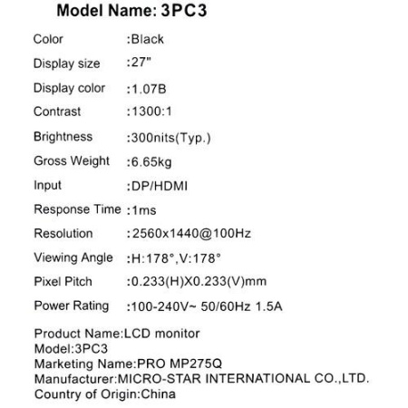 27" Монитор MSI PRO MP275Q черный