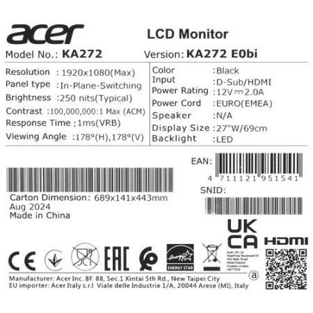 27" Монитор Acer KA272E0BI черный