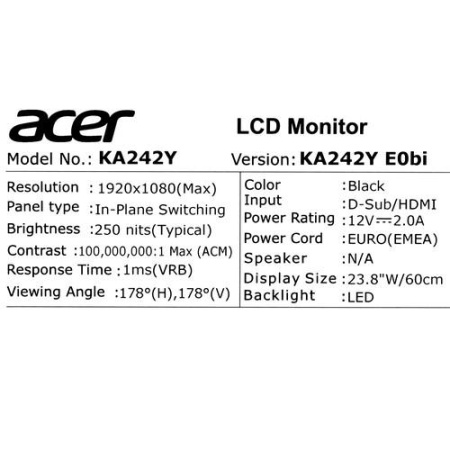 23.8" Монитор Acer KA242YE0bi черный