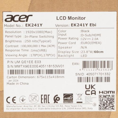 23.8" Монитор Acer EK241YEbi черный