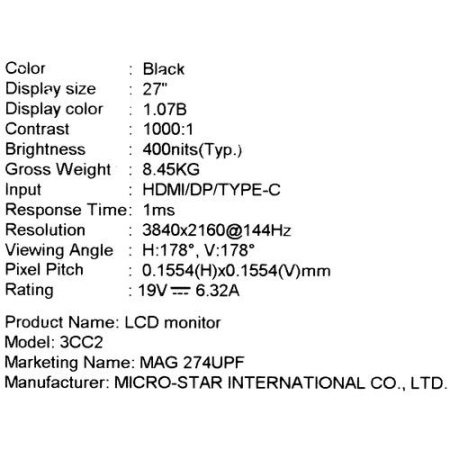 27" Монитор MSI MAG 274UPF черный