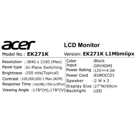 27" Монитор Acer EK271KL1Mbmiipx черный