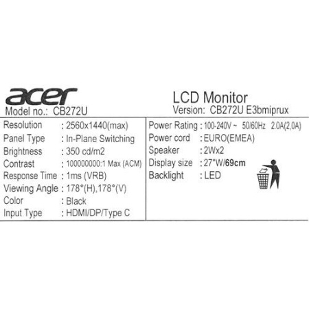 27" Монитор Acer Vero CB272UE3bmiprux черный
