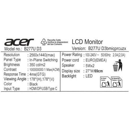 27" Монитор Acer Vero B277UD3bmiqprcuzx черный