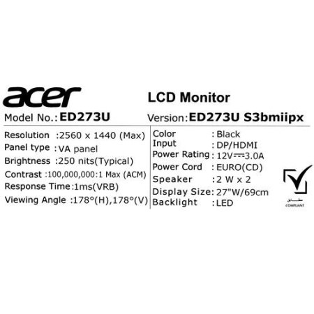 27" Монитор Acer Nitro ED273US3bmiipx черный