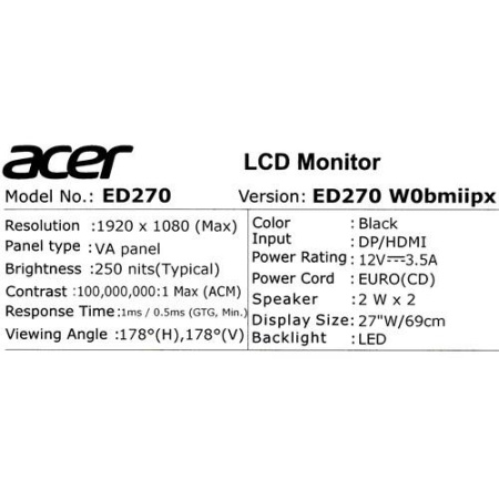 27" Монитор Acer Nitro ED270W0bmiipx черный